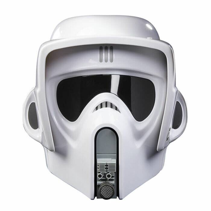 Ein weißer futuristischer Helm mit großer schwarzer Visierblende und Belüftungsdetails, der wie Ausrüstung eines Science-Fiction- oder Fantasy-Soldaten aussieht.