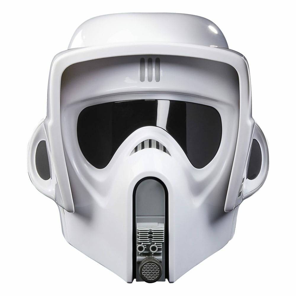 Ein weißer, futuristischer Helm mit großer schwarzer Visier, der an Kopfbedeckung eines Science-Fiction-Soldaten oder -Trupps erinnert.