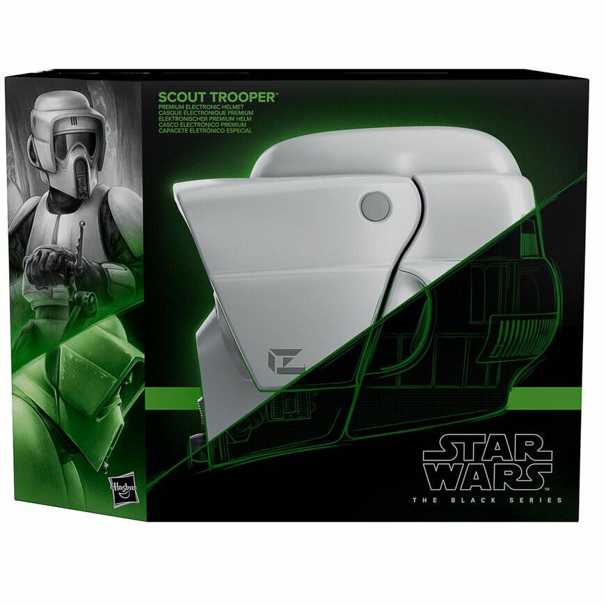 Verpackung eines Star Wars Scout Trooper Helms aus der 'The Black Series' von Hasbro, mit einem Bild des Helms und Artwork eines Scout Troopers.