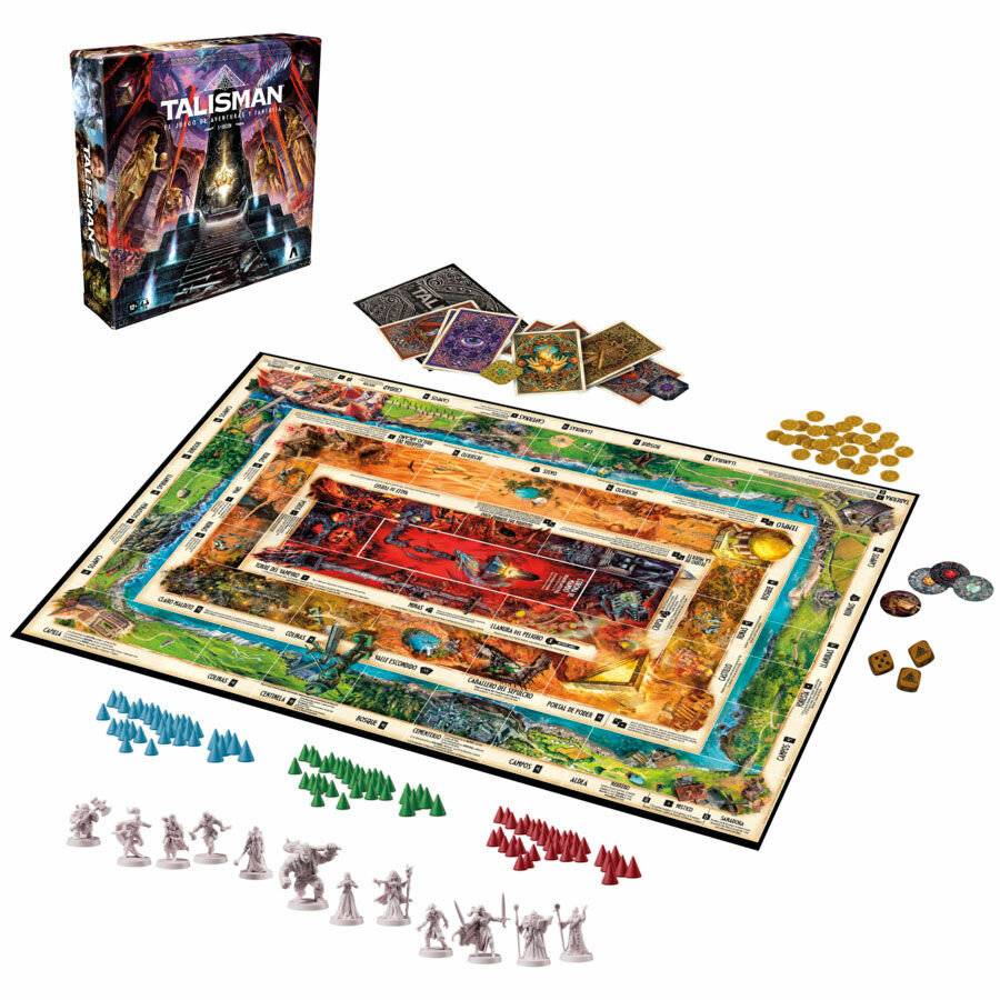 Eine Brettspiel-Aufstellung mit der Spieleschachtel von 'Talisman', dem Spielbrett, Karten, Spielmarken, Würfeln und Miniaturfiguren in verschiedenen Farben.