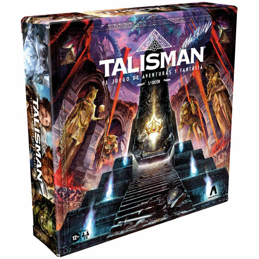 Ein Brettspielkarton für 'Talisman: Das Spiel der Abenteuer und Fantasie, 5. Auflage', mit Fantasy-Artwork und Figuren. Altersempfehlung ab 12 Jahren.