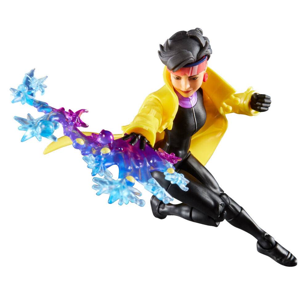 Eine Superhelden-Actionfigur in einer dynamischen Pose, trägt einen gelben Mantel und einen schwarzen Anzug, mit farbenfrohen Energieeffekten, die von einer Hand ausstrahlen.