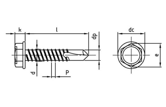 Technische Zeichnung einer Schraube mit Abmessungen. Die Beschriftungen umfassen die Länge (l), den Durchmesser (d), die Steigung (P) und den Kerndurchmesser (dc).
