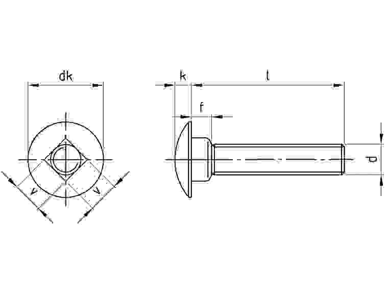 Ein technisches Diagramm eines Bolzens mit gekennzeichneten Abmessungen: 'dk', 'k', 'f' und 'l'. Die Vorder- und Seitenansichten werden mit Messleitungen gezeigt.