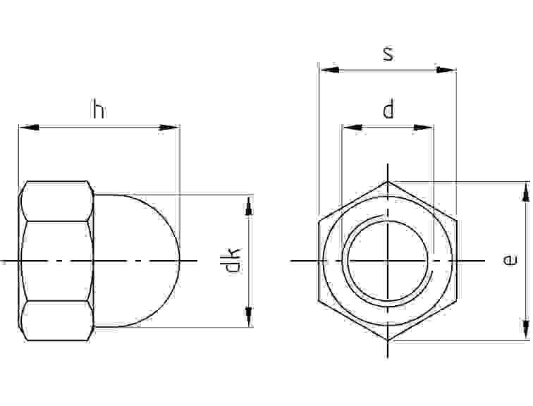 Diagramm einer Sechskantmutter mit Seiten- und Draufsicht, mit den Dimensionen: „h