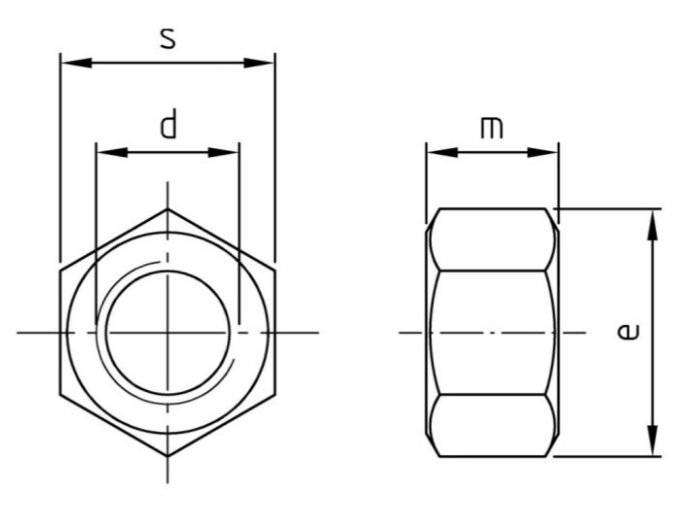 Technische Zeichnung einer sechskantmutter mit Abmessungen: s (Schlüsselweite), d (Durchmesser) und m (Dicke).