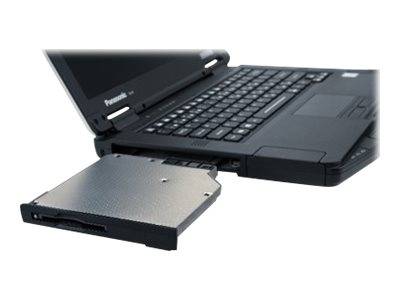 Ein Laptop ist teilweise geöffnet, wobei ein Diskettenlaufwerk herausgefahren ist. Der Fokus liegt auf dem eingelegten Laufwerk-Tray, das die Kompatibilität mit physischen Medien zeigt.