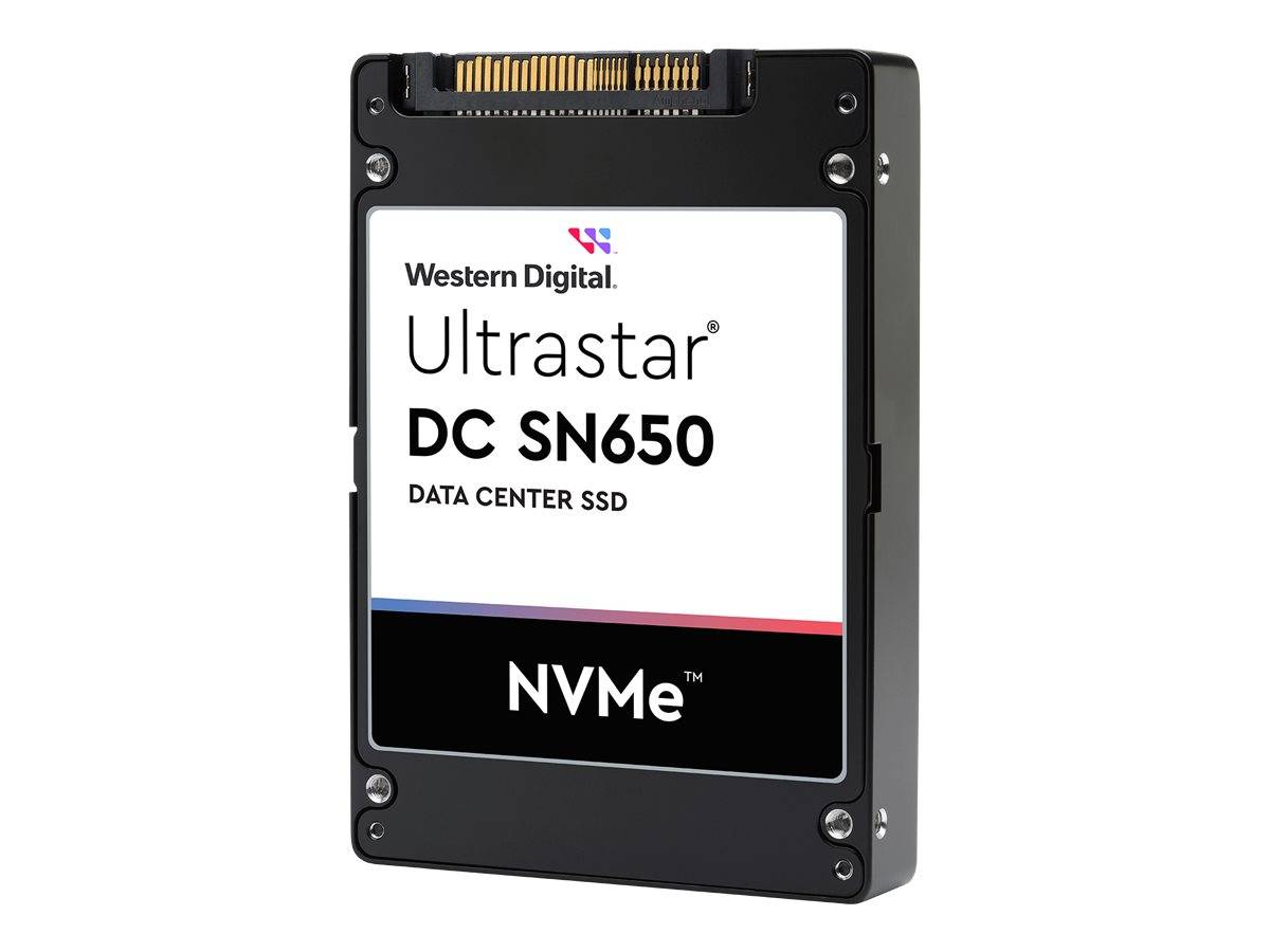 Eine Western Digital Ultrastar DC SN650 NVMe Rechenzentrum-SSD mit Etikett, das Marke, Modellname und Typ zeigt. Schwarzes Gehäuse.