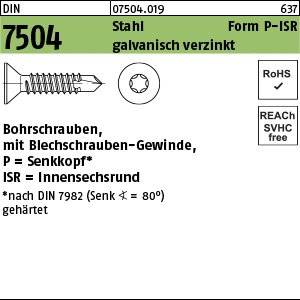DIN 7504 - Stahl galvanisch verzinkt.' 'Bohrschrauben, mit Blechschrauben-Gewinde, Form P-ISR, P = Senkkopf*, ISR = Innensechsrund.' RoHS und REACH konform.
