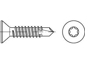 Abbildung einer Bohrspitzenschraube und einer Unterlegscheibe. Die Schraube hat eine scharfe Spitze und einen Gewindelschaft, der zum Befestigen von Metall oder Holz ausgelegt ist.