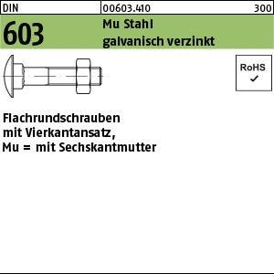 DIN 603, galvanisierter Rundkopfbolzen mit Sechskantmutter, RoHS-konform, Stahlmaterial, Größe M10, Länge 300 mm, grünes Etikett.