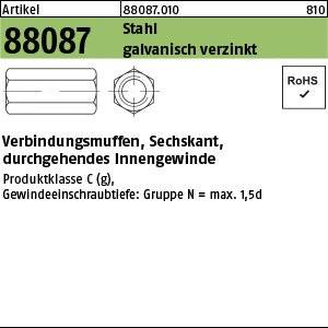 Artikel 88087.010: Stahl, galvanisch verzinkt. Verbindungsmuffen, Sechskant, durchgehendes Innengewinde. RoHS konform.