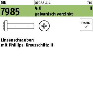 7985 galvanisch verzinkt' Schraubenspezifikation mit Kreuzschlitz-Design und RoHS-Konformität.