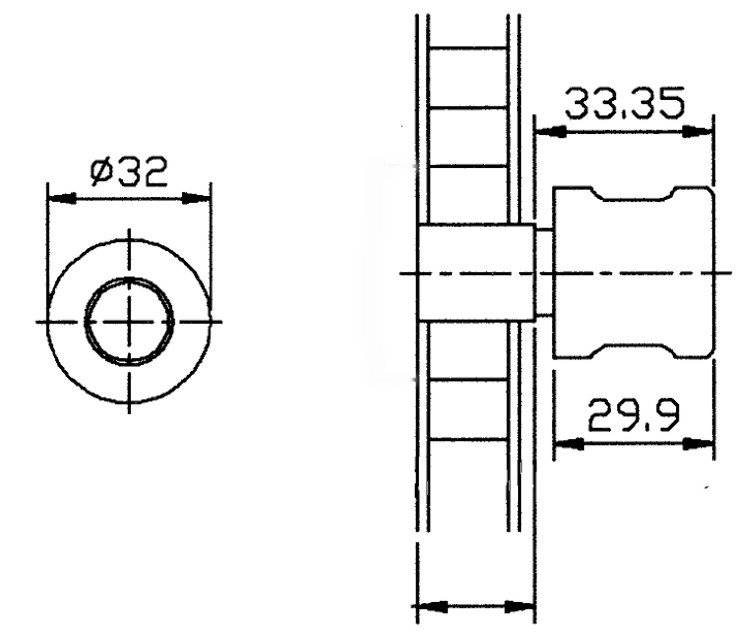 Eine technische Zeichnung einer zylindrischen Komponente mit Abmessungen: Durchmesser 32, Breite 33,35, Länge 29,9, zeigt Vorder- und Seitenansichten.