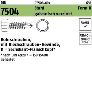 Schraubenkatalog-Eintrag: '7504', Edelstahl, verzinkt, mit Sechskantflansch, DIN 6928/ISO 15481, RoHS-konform.