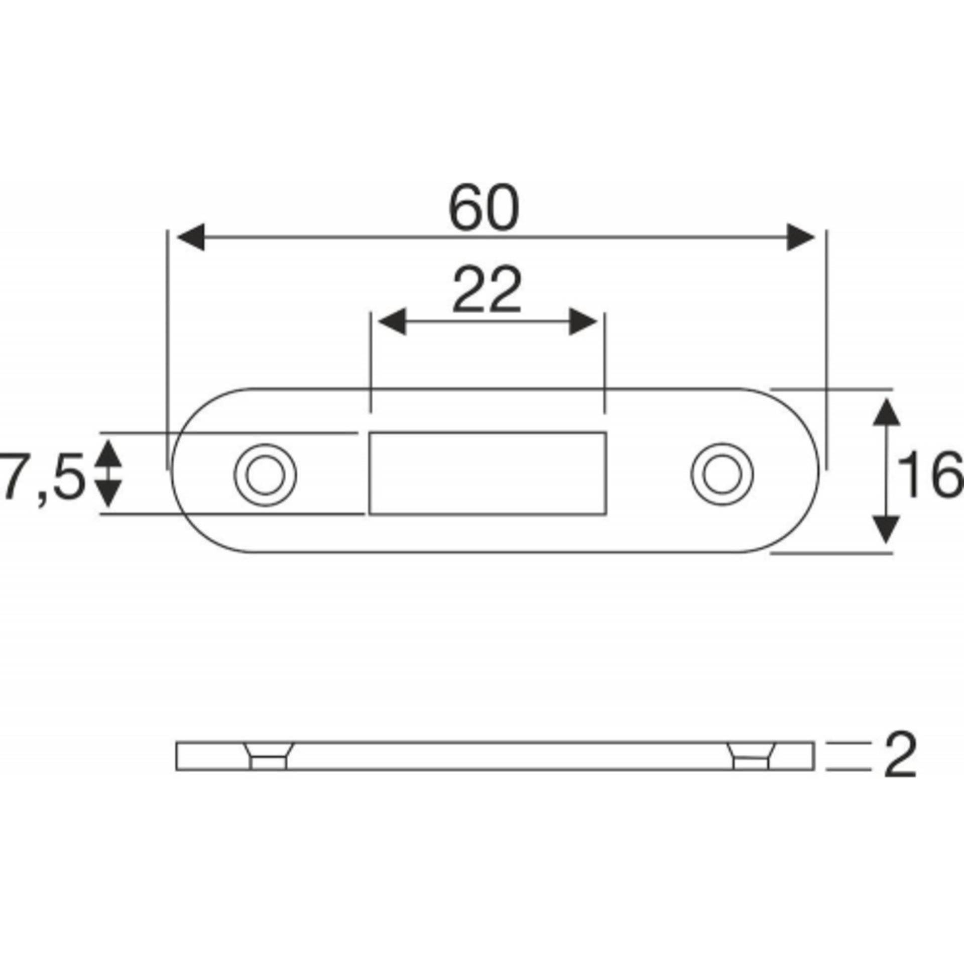 Technische Zeichnung einer flachen Metallhalterung. Draufsicht zeigt Abmessungen: 60mm Länge, 16mm Breite, mit zwei Bohrungen im Abstand von 22mm. Seitenansicht zeigt 2mm Dicke.