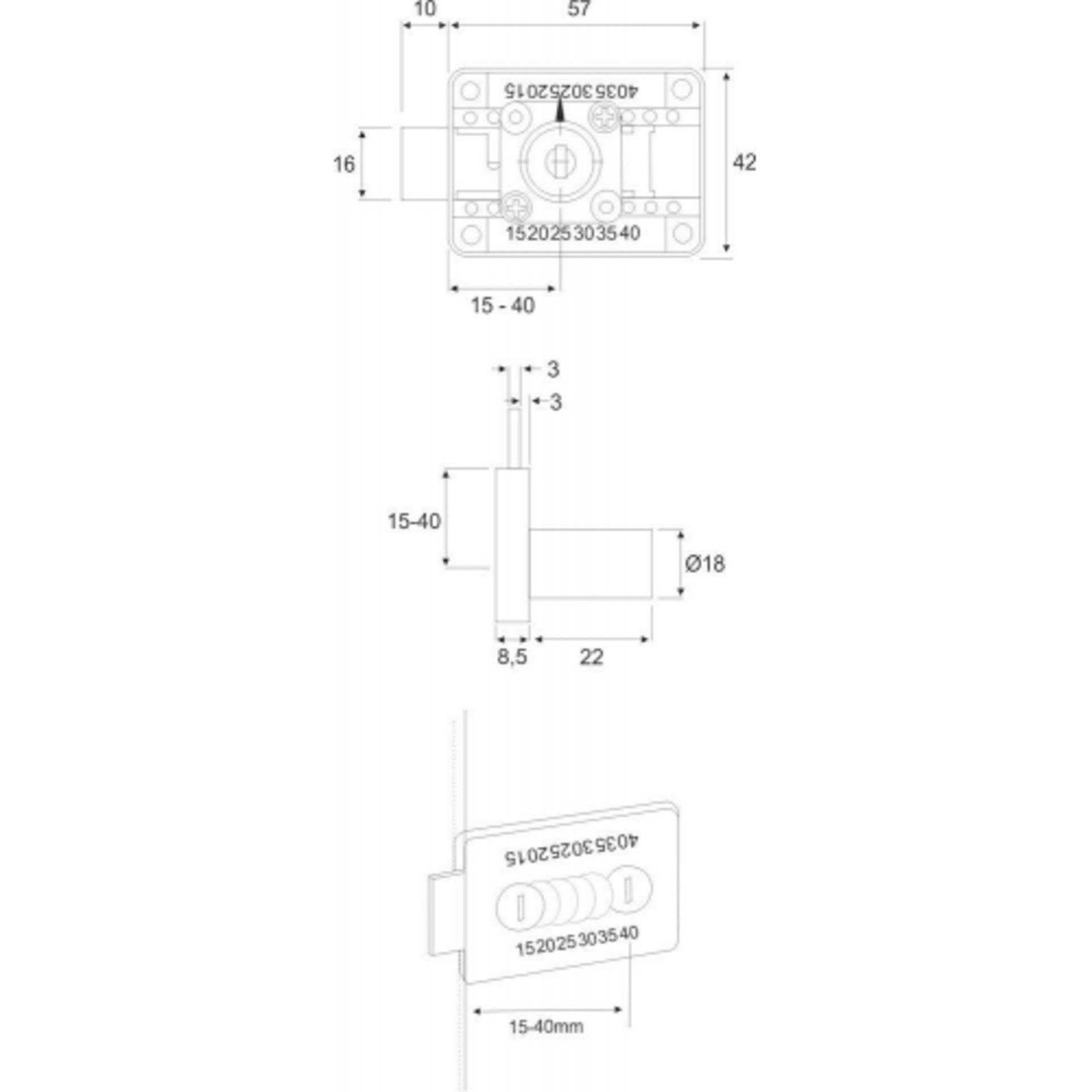 Technische Zeichnung eines Schlosses mit Vorder-, Seiten- und Draufsicht, die Abmessungen und interne Komponenten zeigen. Die Messwerte umfassen Längen und Winkel.