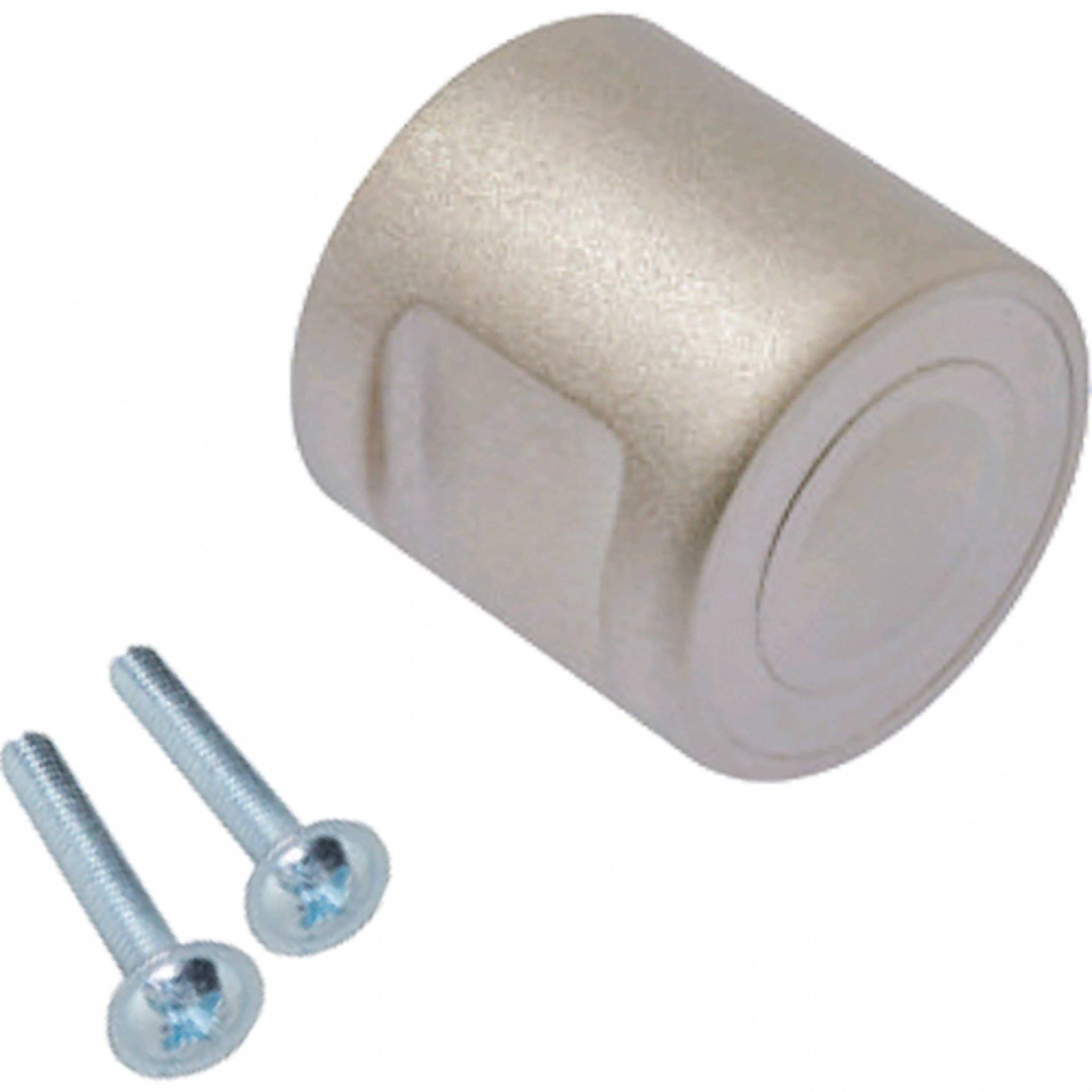 Eine zylindrische Kappe mit metallischer Oberfläche, begleitet von zwei Schrauben.