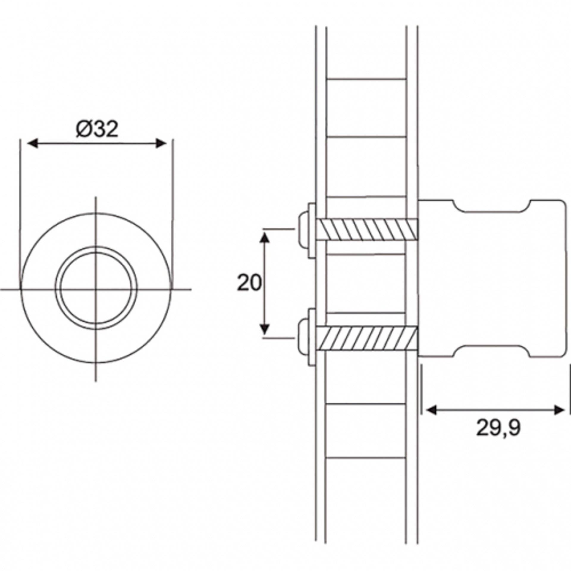 Technische Zeichnung eines Zahnrads mit Maßen. Die Linksansicht zeigt einen Durchmesser von 32 mm, während die Seitenansicht eine Höhe von 20 mm und eine Länge von 29,9 mm hervorhebt.