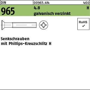 DIN 965 Senkkopfschraube, Kreuzschlitz, verzinkt. Modell 00965.414. RoHS-konform. Festigkeitsklasse 4.8, Größe H 460.