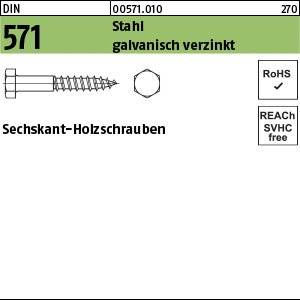 Etikett für Sechskantholzschrauben, DIN 571, aus verzinktem Stahl. Beinhaltet Symbole für RoHS- und REACH-Konformität.