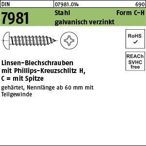 7981 Stahl galvanisch verzinkt' beschriftete Schraube; Philips-Kreuzschlitz H, gehärtet, Gewinde 60 mm+. RoHS- und REACH SVHC-Freiheitszertifizierungen gezeigt.