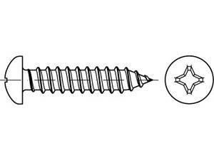 Eine Zeichnung zeigt eine Seitenansicht und eine Endansicht einer Gewindeschraube, die ihr Spiraldesign und das sternförmige Kopfmuster veranschaulicht.