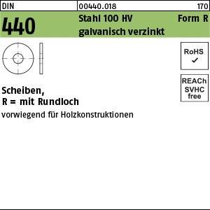 440 SCHEIBEN R = mit Rundloch' bezeichnet ein Produkt aus verzinktem Stahl für Holzkonstruktionen mit einem Rundloch, das RoHS- und REACH-konform ist.