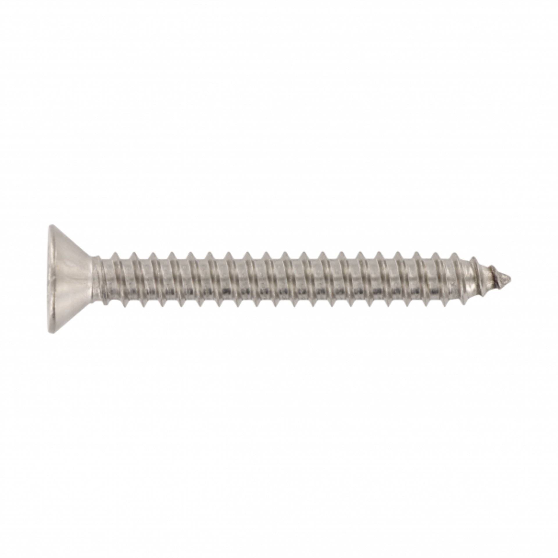 Eine einzelne Metallschraube mit flachem, versenktem Kopf und gewindeltem Schaft, die zum Verbinden von Materialien verwendet wird.