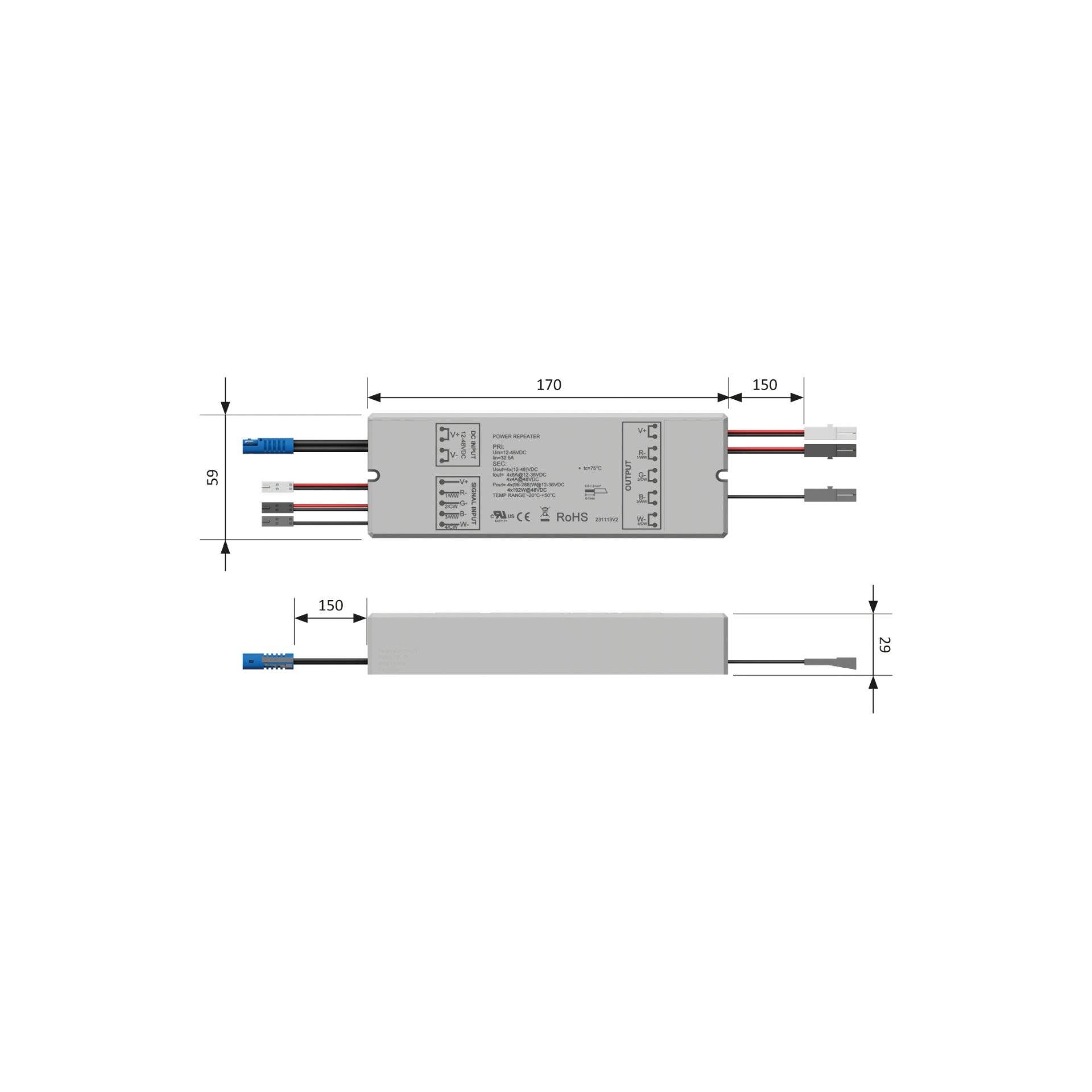 Diagramm eines elektronischen Geräts mit beschrifteten Abmessungen: 170 mm lang, 58 mm breit und 32 mm tief. Mehrere Drähte verlaufen von beiden Enden.