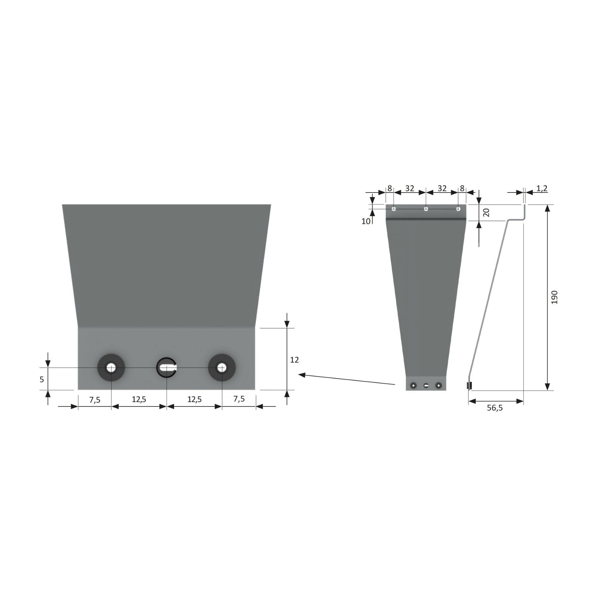 Technische Zeichnung eines Metallteils mit genauen Maßangaben. Front- und Seitenansichten zeigen Abmessungen und Bohrungspositionierungen für die Montage.