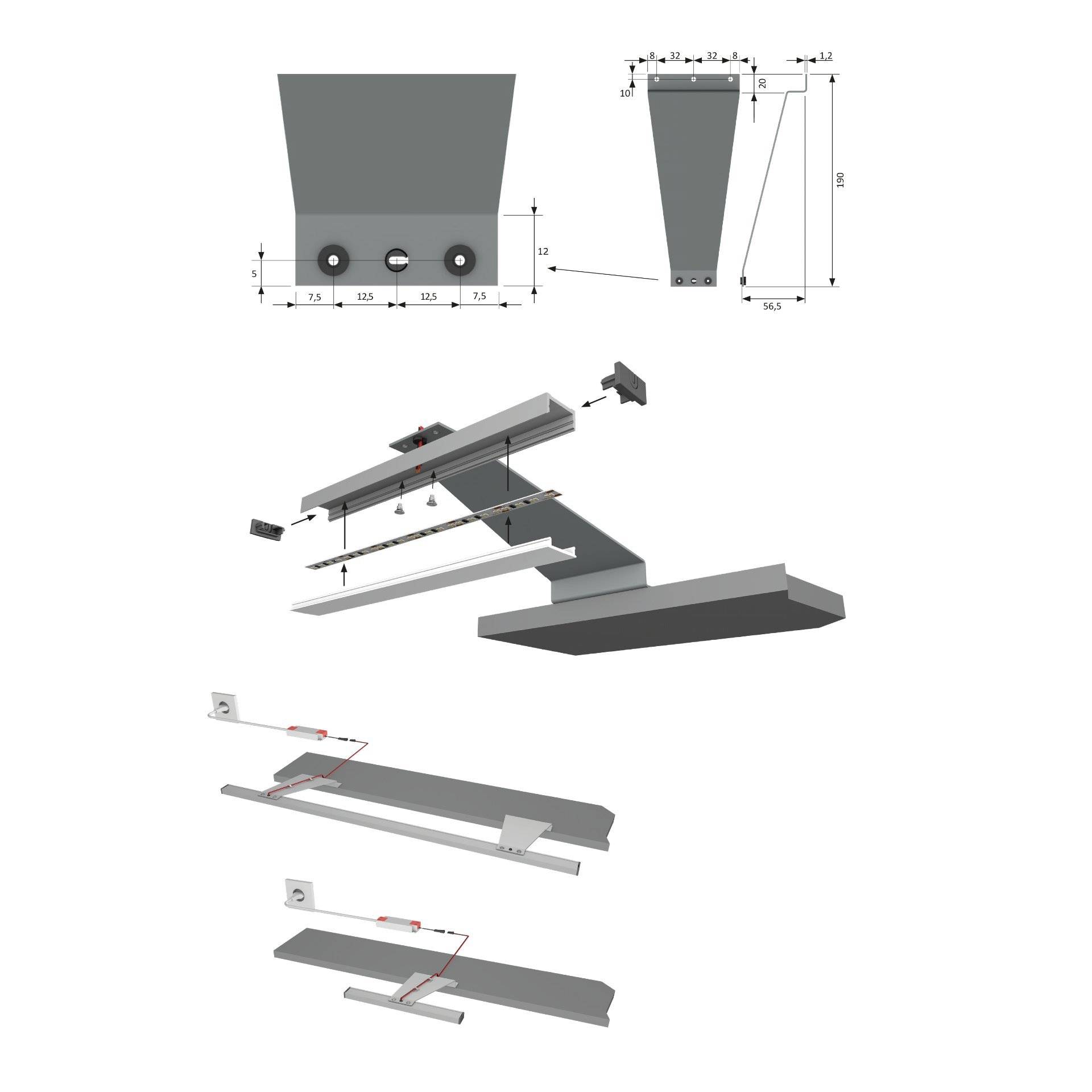 Explosionszeichnung einer Metallscharniereinheit mit Maßangaben, die drei Hauptteile und Installationsanweisungen zeigt.