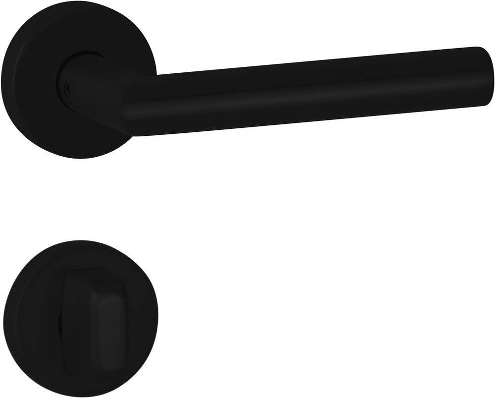 Schwarzer Türgriff und rundes Schloss auf einem einfachen Hintergrund, das ein modernes, minimalistisches Design zeigt.