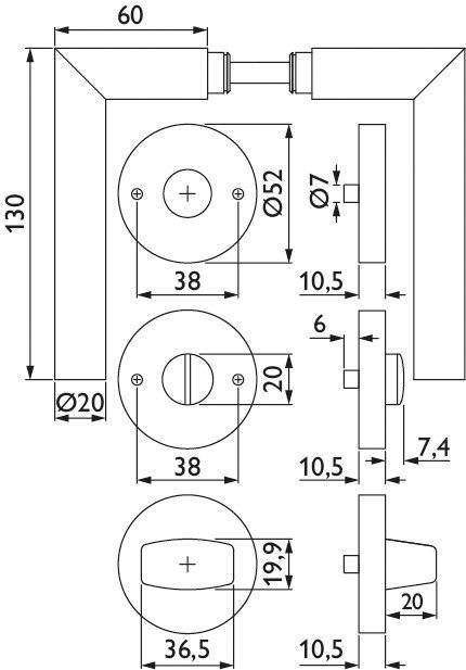 Technische Zeichnung einer Türklinke mit Maßangaben, mit kreisförmigen Befestigungsplatten von 52 mm Durchmesser und Schlüssellochabdeckung mit 38 mm Durchmesser.