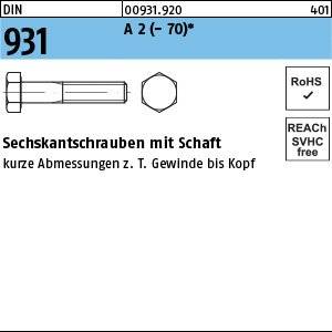 Sechskantschrauben mit Schaft' mit Abmessungen dargestellt, eine Schraubenillustration und Konformitätskennzeichnungen 'RoHS' und 'REACH SVHC'.