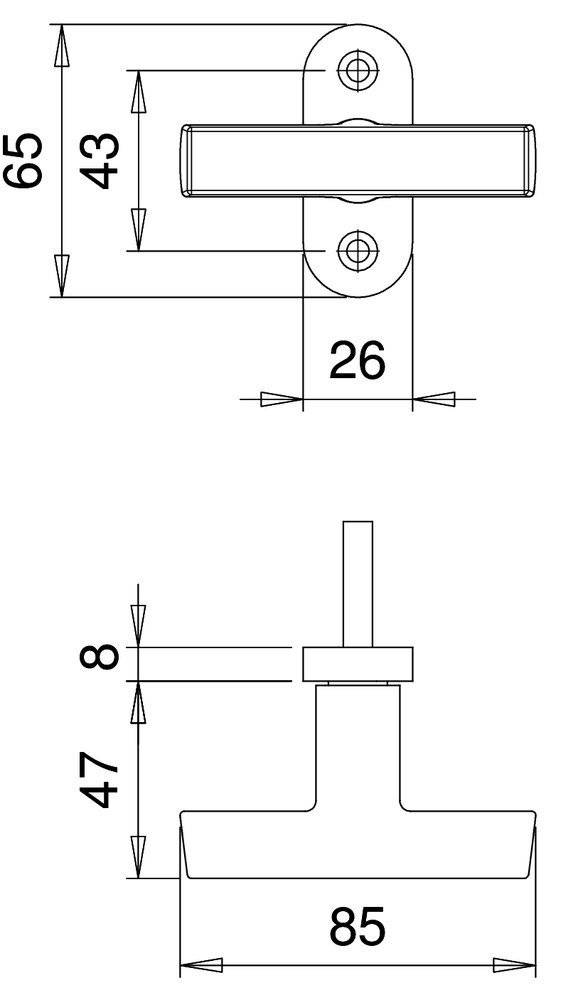 Eine technische Zeichnung, die eine vertikale Stange zeigt, die an einer kreisförmigen Basis befestigt ist, mit Abmessungen: Länge der Stange 8 Einheiten, Basis 26 Einheiten breit.