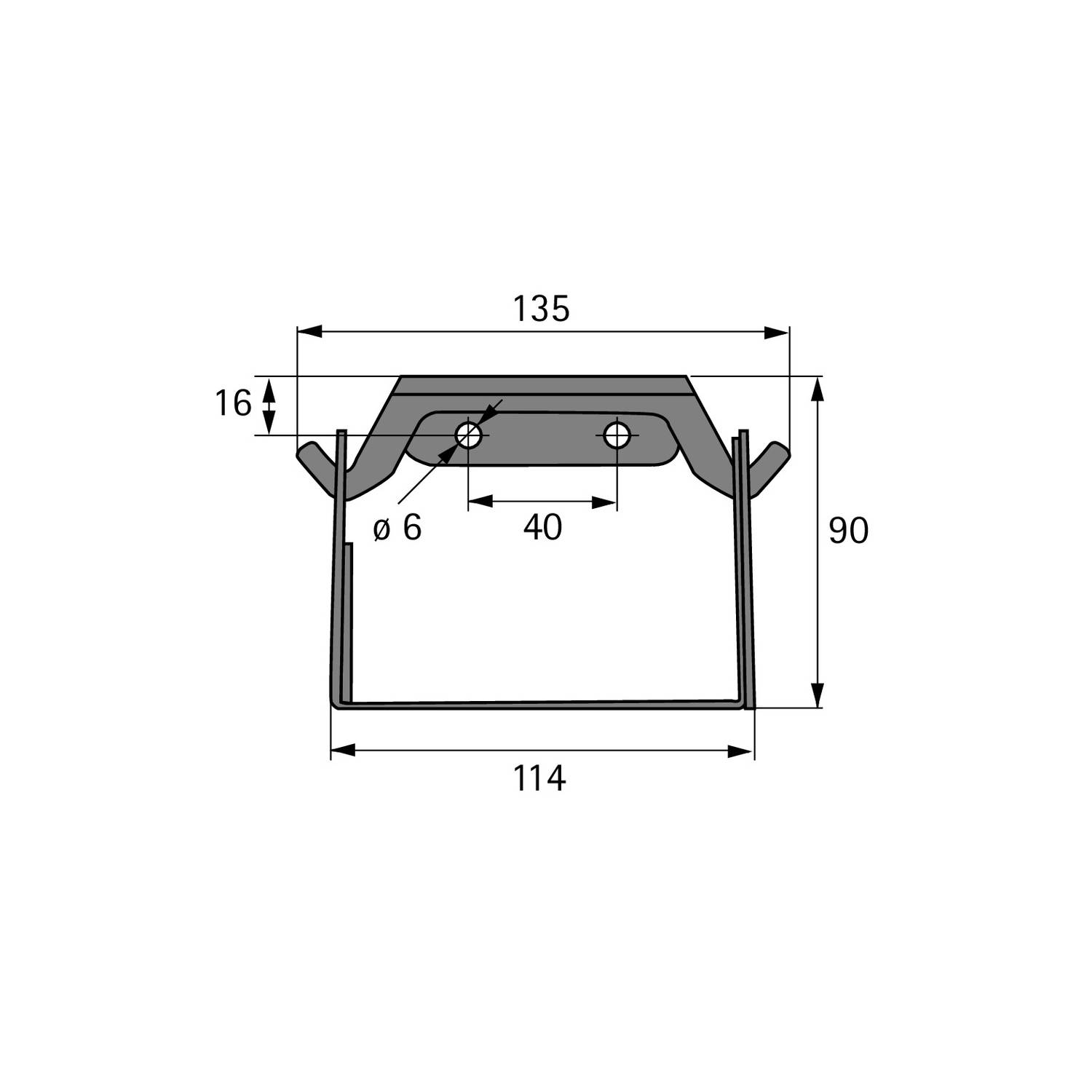 Technische Zeichnung einer Metallhalterung mit Abmessungen: 135 mm Breite, 90 mm Höhe, 114 mm Basis. Enthält Bohrungen von Ø 6 mm, mit 40 mm Abstand zueinander.