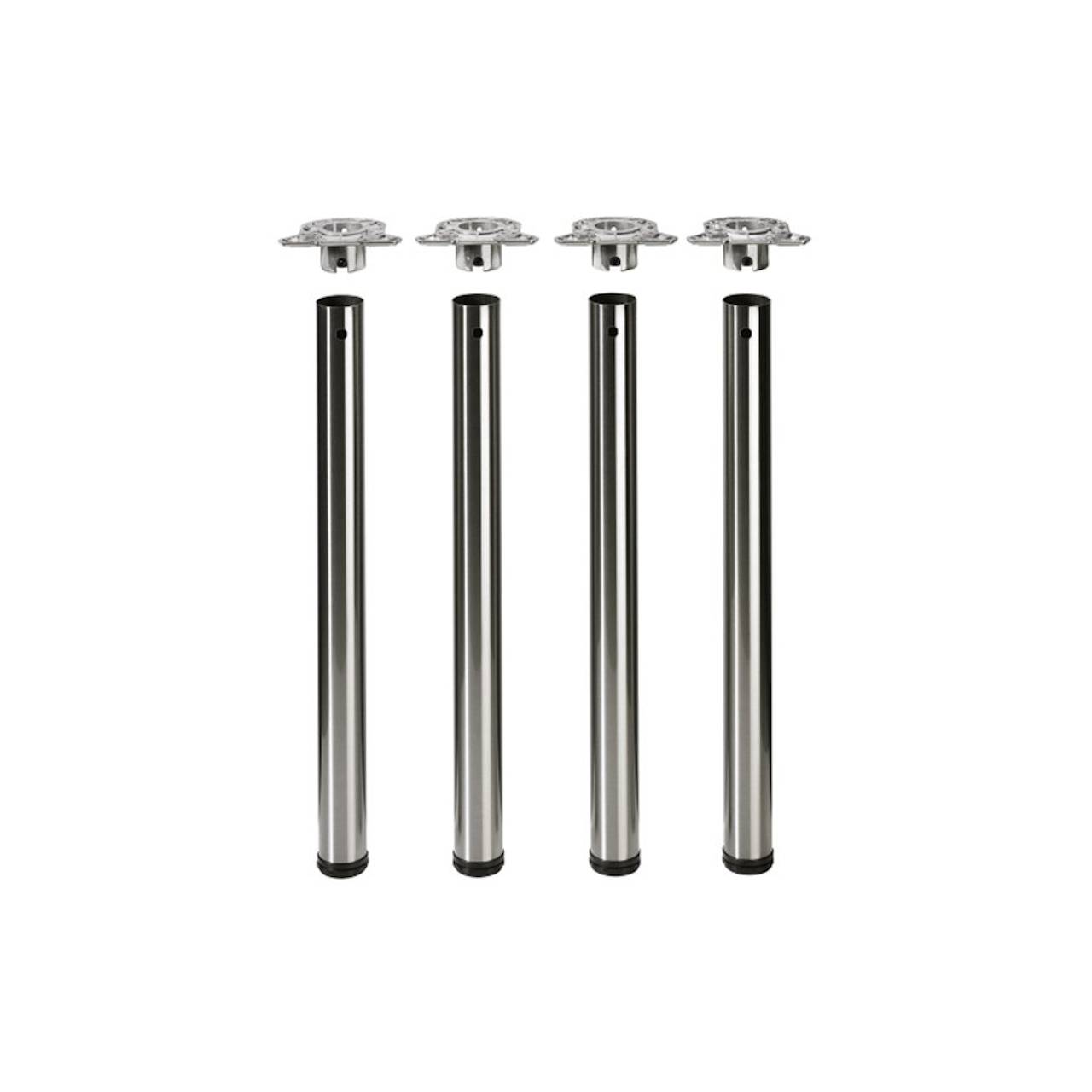 Vier verchromte Tischbeine mit schwarzen Basen und nach oben ausgerichteten Montageplattformen.
