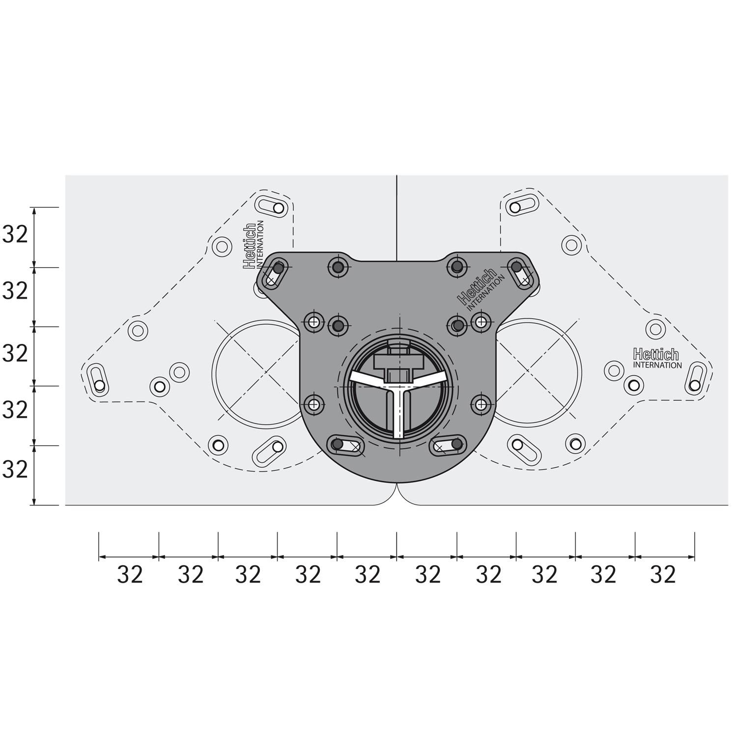 Diagramm eines mechanischen Bauteils mit Messbeschriftungen; Mittelteil flankiert von zwei symmetrischen Abschnitten, beschriftet mit Abmessungen 32.