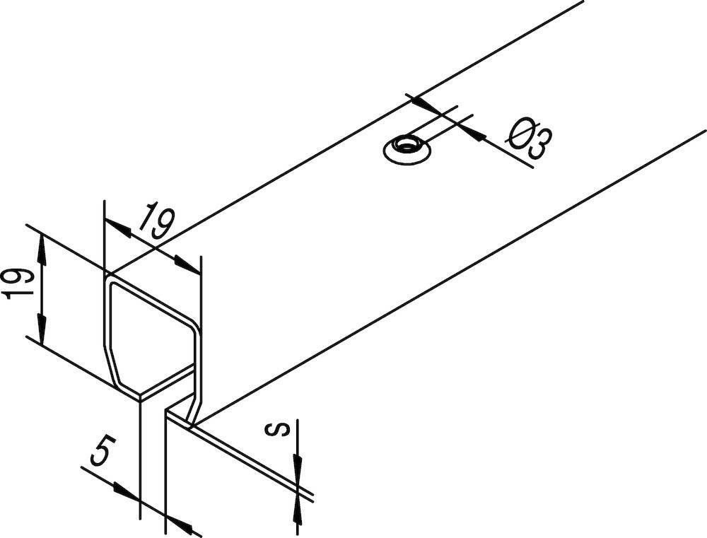 Eine technische Zeichnung eines Metallträgers mit Maßen: Breite 19 mm, Dicke 5 mm. Ein kleines Kreisloch mit Durchmesser 3 mm ist vorhanden.