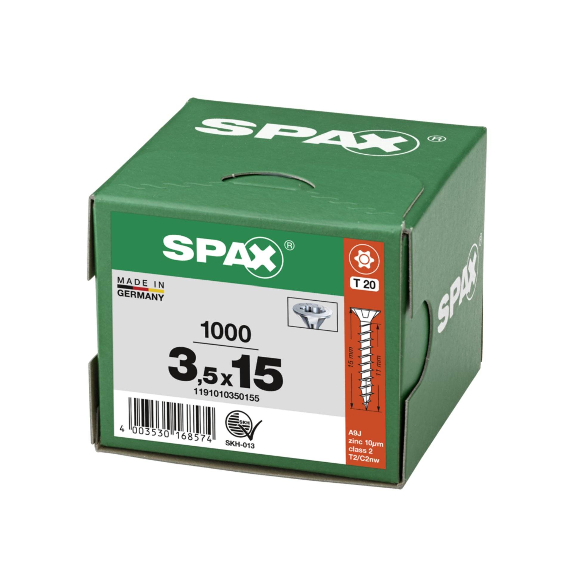 Karton mit 1000 SPAX-Schrauben, 3,5 x 15 mm, T20-Kopf, Länge 15 mm, Made in Germany.