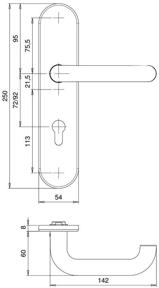 Technische Zeichnung einer Türklinke mit Schlüsselloch. Die Abmessungen sind angegeben: Höhe 250 mm, Breite 54 mm und Abstand zwischen Elementen 72 mm.