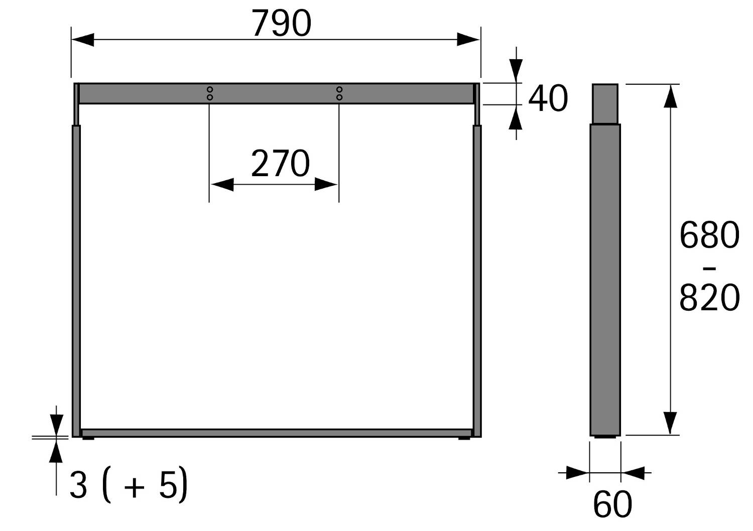 Technische Zeichnung eines rechteckigen Objekts mit Abmessungen: Breite 790 mm, Höhe 60 mm und Tiefe 40 mm. Ein markierter Abschnitt zeigt 270 mm.