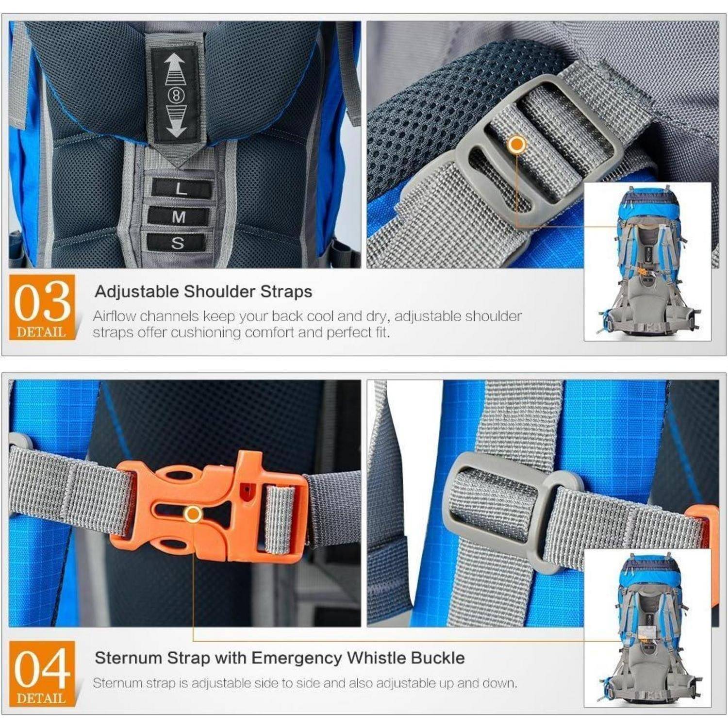 Verstellbare Schulterriemen mit Darstellung der Luftkanäle und Polsterung. Brustgurt mit Sicherheitspfeife in der Schnalle für seitliche Anpassungen.