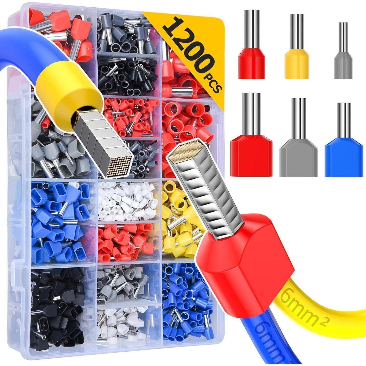 Ein Set mit 1200 Aderendhülsen in verschiedenen Farben: Rot, Blau, Gelb, Schwarz, Grau und Weiß. Inklusive isolierter Kabelverbinder.