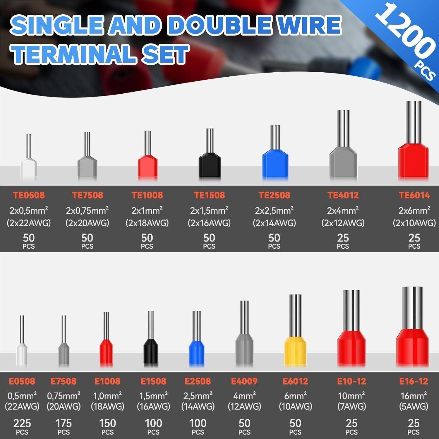 Klemmen-Endhülsen-Set in verschiedenen Größen: 0,75 mm (20 AWG), 1 mm (18 AWG), 1,5 mm (16 AWG), 2,5 mm (14 AWG) in verschiedenen Farben. Insgesamt 1200 Stück.