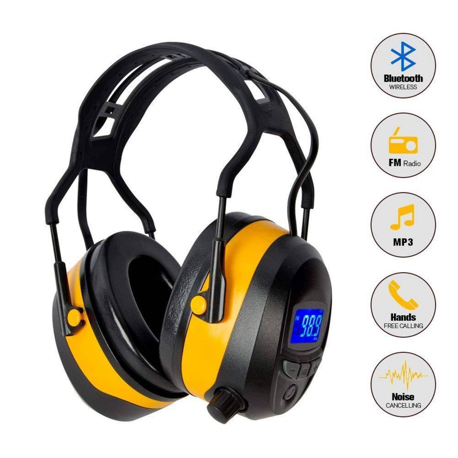 Gelbe und schwarze Over-Ear-Sicherheitskopfhörer mit digitalem Display zeigen '98,9'. Zu den Funktionen gehören Bluetooth, UKW-Radio, MP3 und Geräuschunterdrückung.