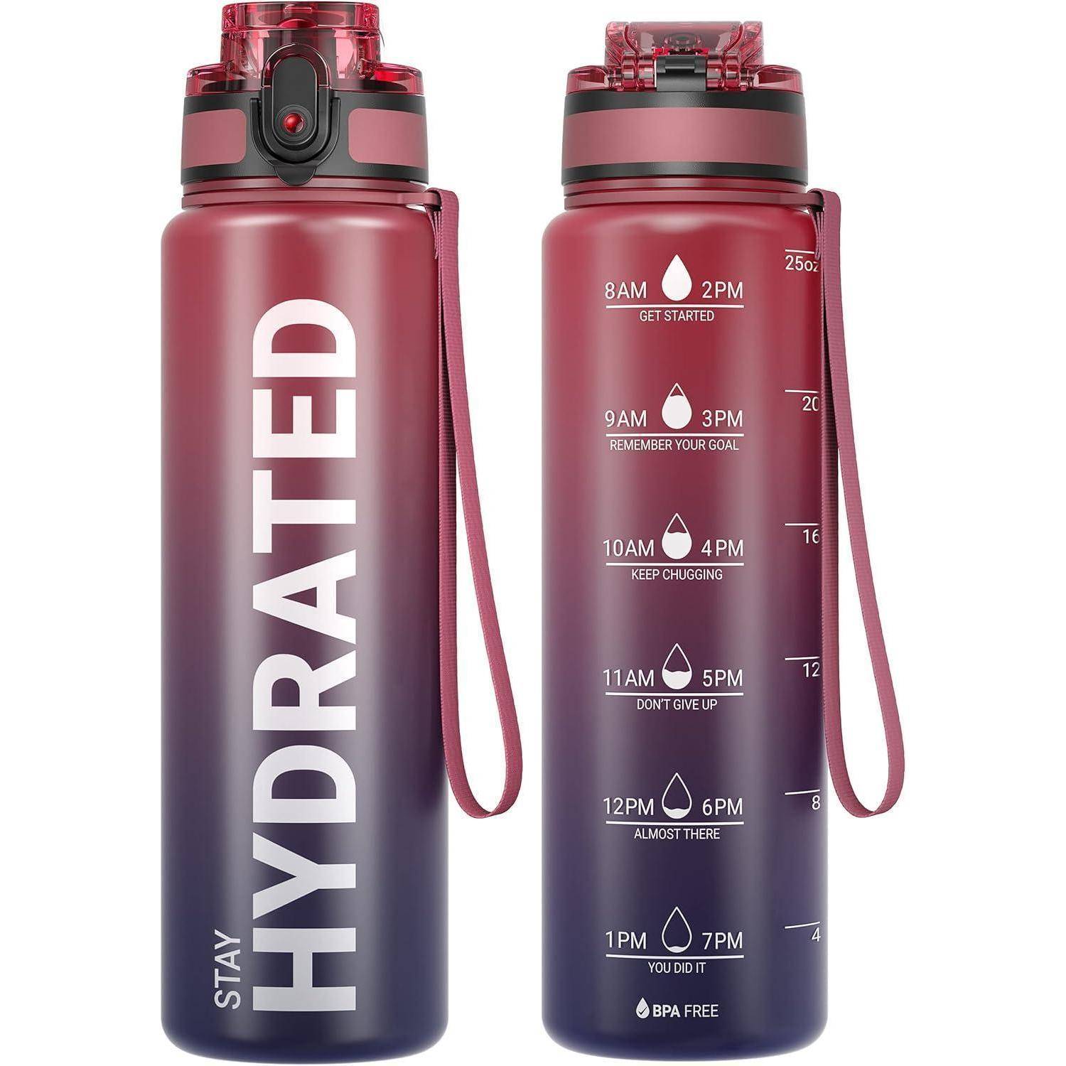 Zwei rote Farbverlauf-Wasserflaschen mit Zeitmarkierungen von 8 Uhr morgens bis 8 Uhr abends. 'Bleib hydratisiert' Text auf einer Flasche. BPA-freies Etikett sichtbar.