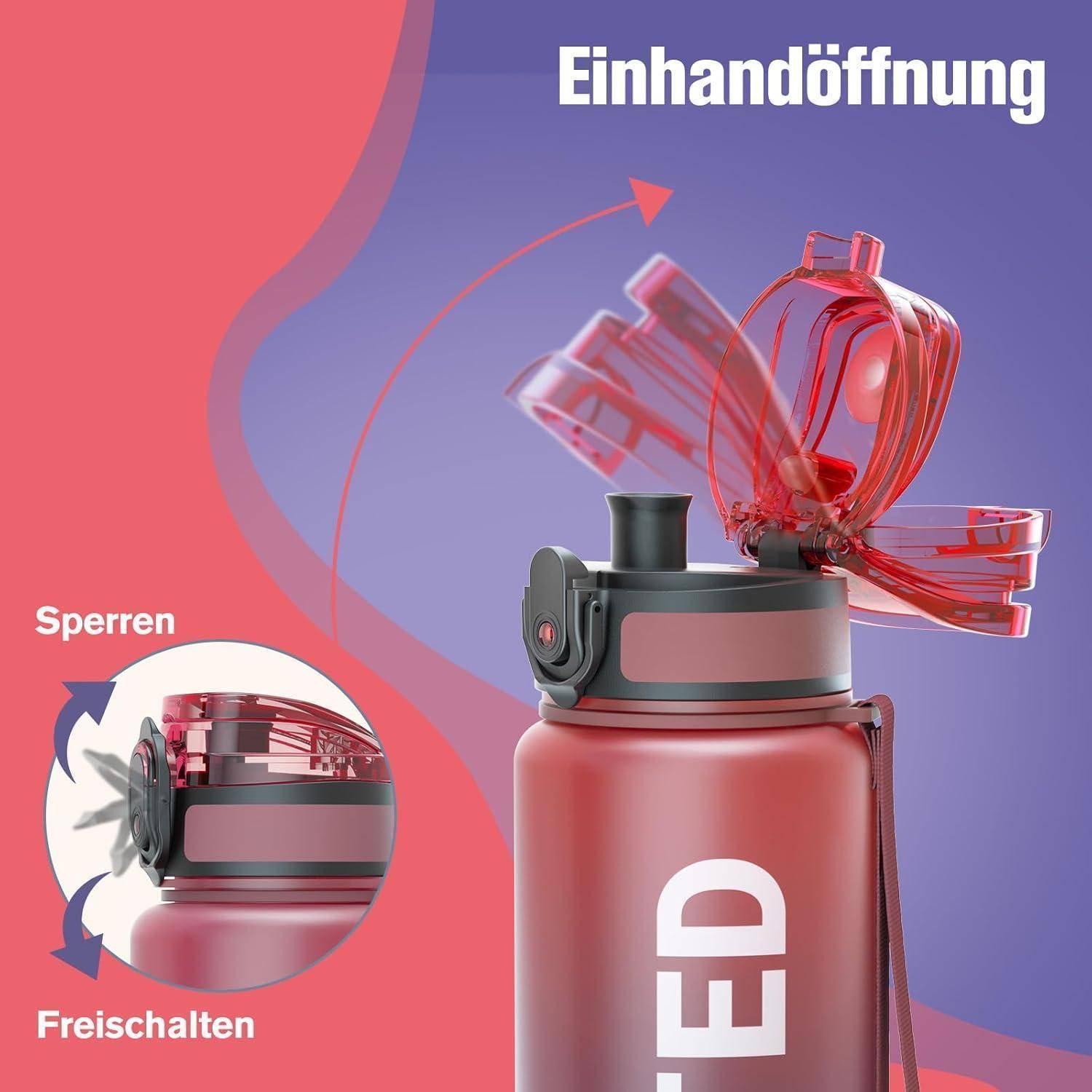 Eine rote Flasche mit einem Deckel zur Einhandöffnung, die die Verschluss- und Entriegelungspositionen zeigt, mit der Beschriftung 'Einhandöffnung' und Pfeilen, die die Richtungen angeben.
