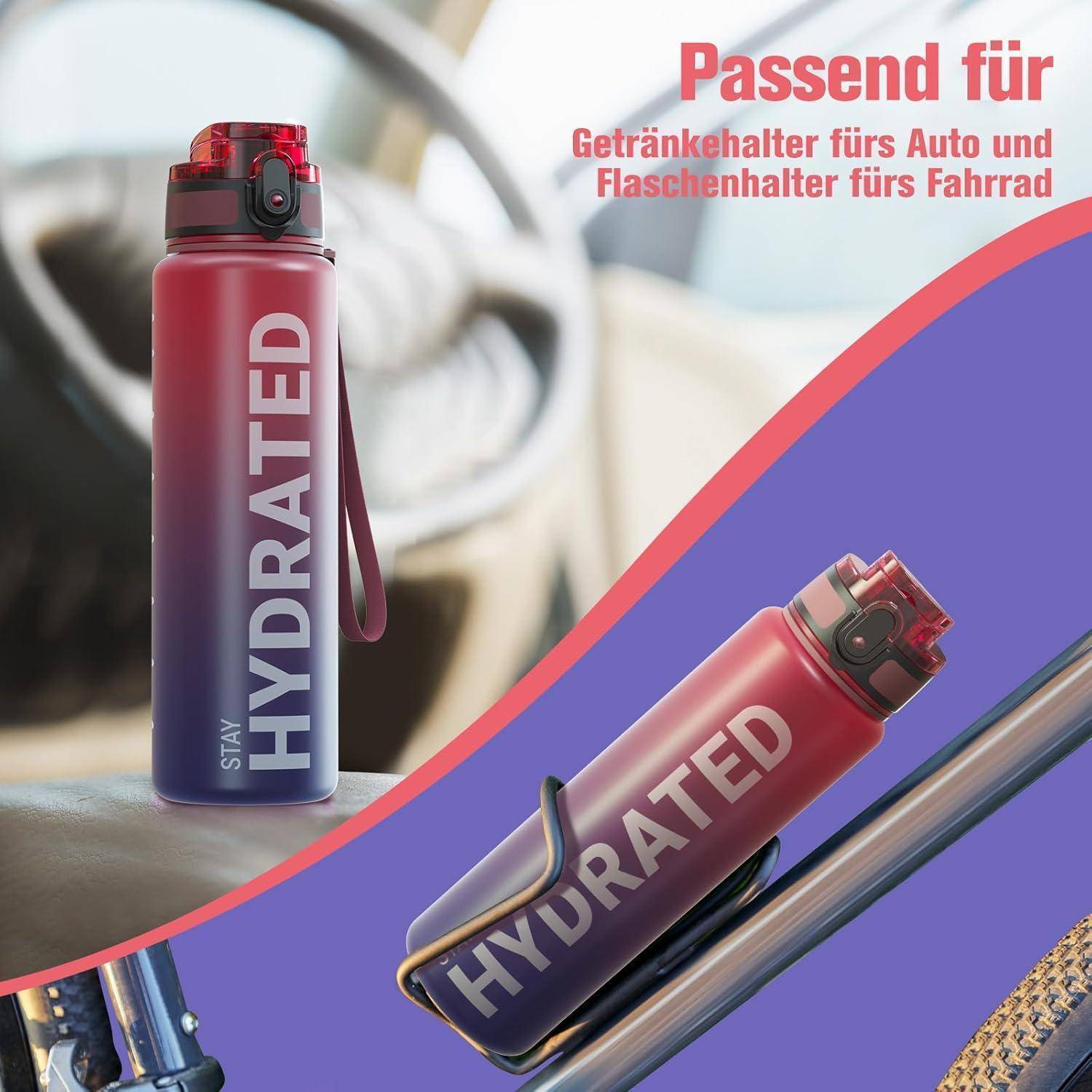 Ein Fahrrad-Flaschenhalter befestigt eine rote Wasserflasche mit der Aufschrift „Stay Hydrated